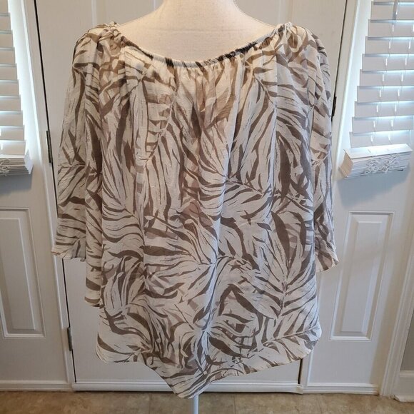 IN Studio Blouse Womens Medium Tan White Pullover Overlay Boho Coastal Beach - Picture 3 of 12